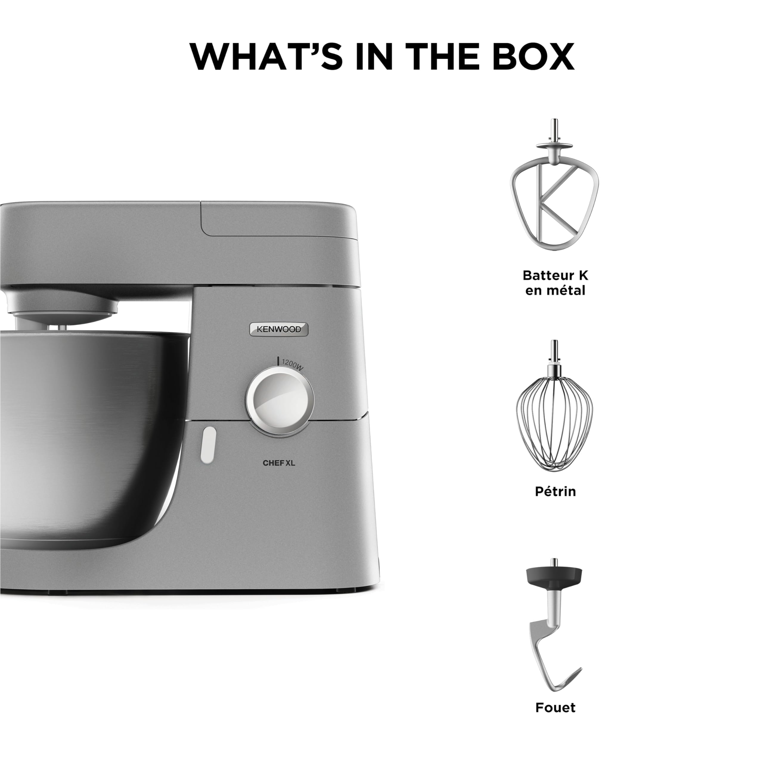Kenwood KVL4100S Robot pâtissier planétaire Chef XL, robot de cuisine mixeur, 1200 W, grand bol de 6,7 litres, 3 accessoires de mélange, réglage électronique de la vitesse et Pulse, acier, argent