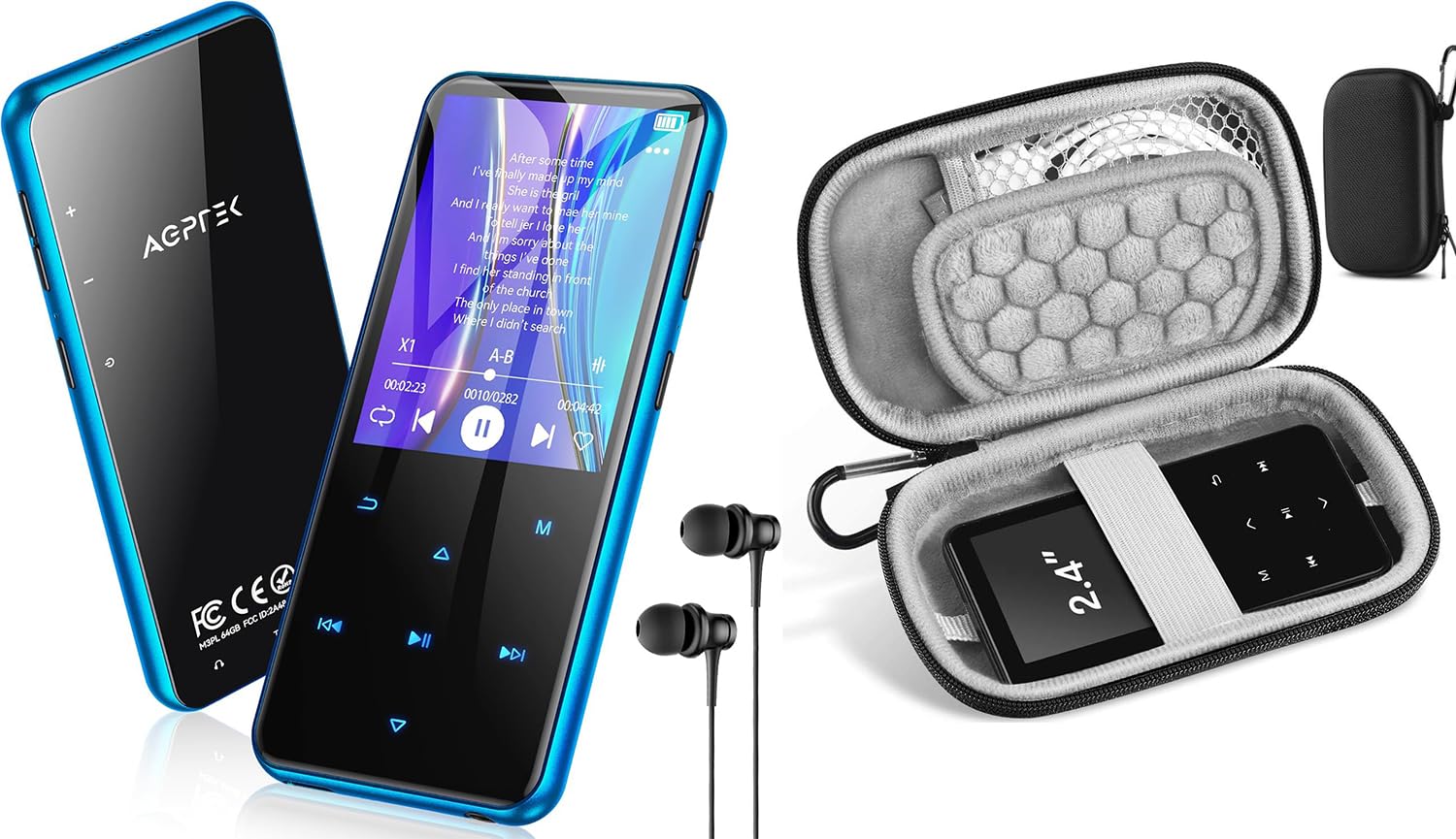 AGPTEK 2,4 Zoll MP3 Player & Schutzhülle, 64GB MP3 Player Bluetooth 5.3 HiFi Musik Kinder MP3 Player mit Lautsprecher, Unterstützung bis zu 128 GB, Blau