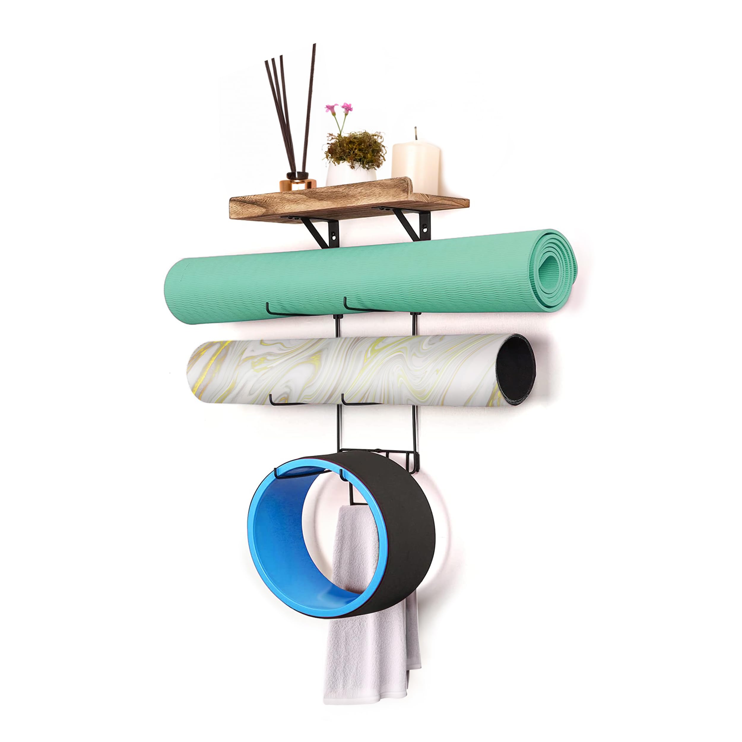 Yoga Mat Holder Wall Mount, 3-Tier Space-Saving Gym Décor Accessory Rack With 4 Hooks and Wooden Shelf For Home Gym Workout Accessories Storage And Organization