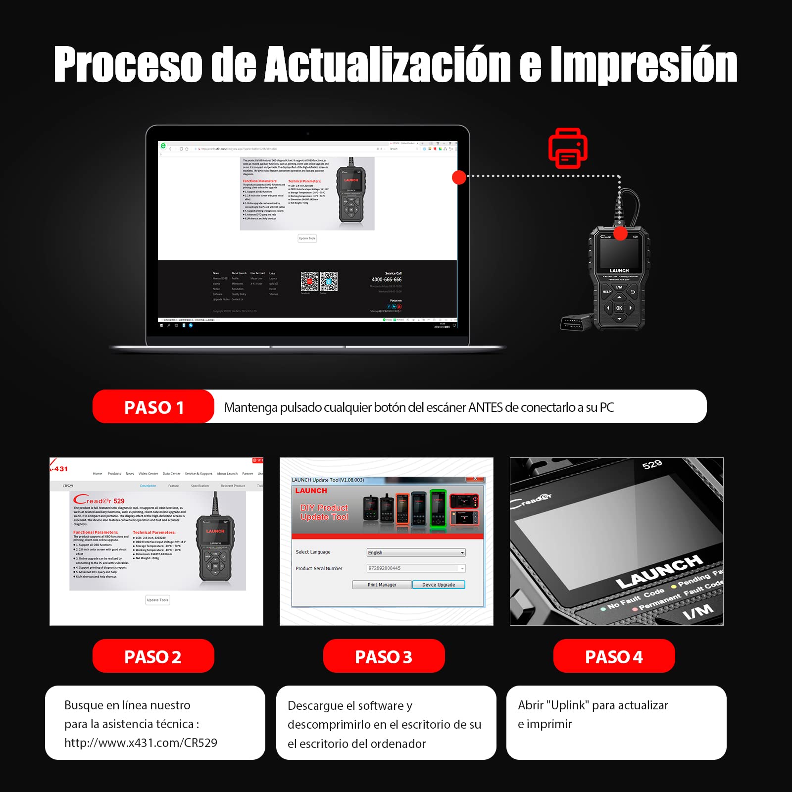 Launch - Escáner OBD2 CR529 Lector de códigos con función OBD2 Completa, con un Solo Clic I/M Readiness, Apagado de la luz del Motor, Herramienta de escaneo Can, Herramienta de diagnóstico de Coche