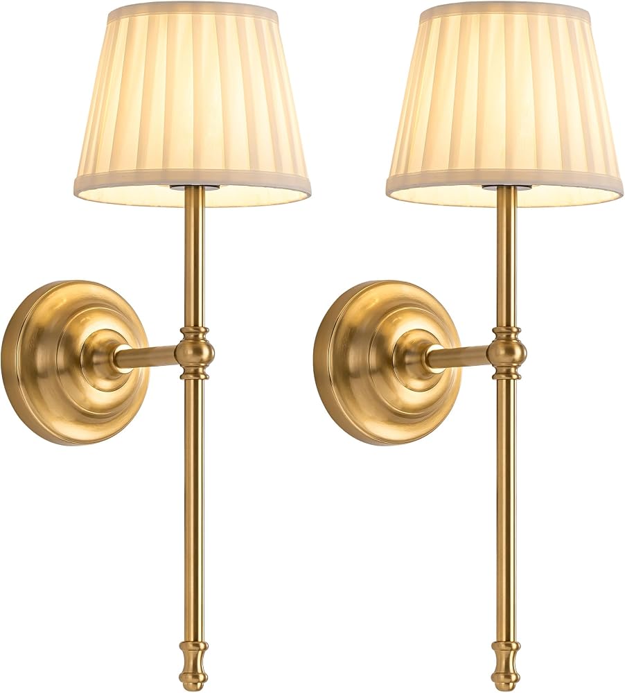 KDG Gold Cordless Wall Sconces Set of 2, Beige Fabric LED Wall Lamps | Wireless Small Rechargeable Battery, Portable Lighting for Wall Painting, Living Room, Bedroom, Hallway, Gifts, Night Light