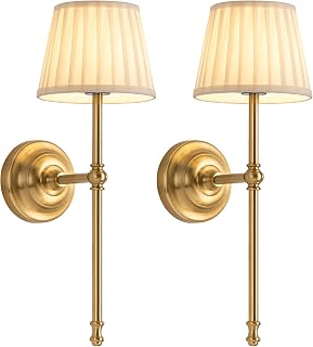 KDG gold cordless wall sconces with beige fabric shades
