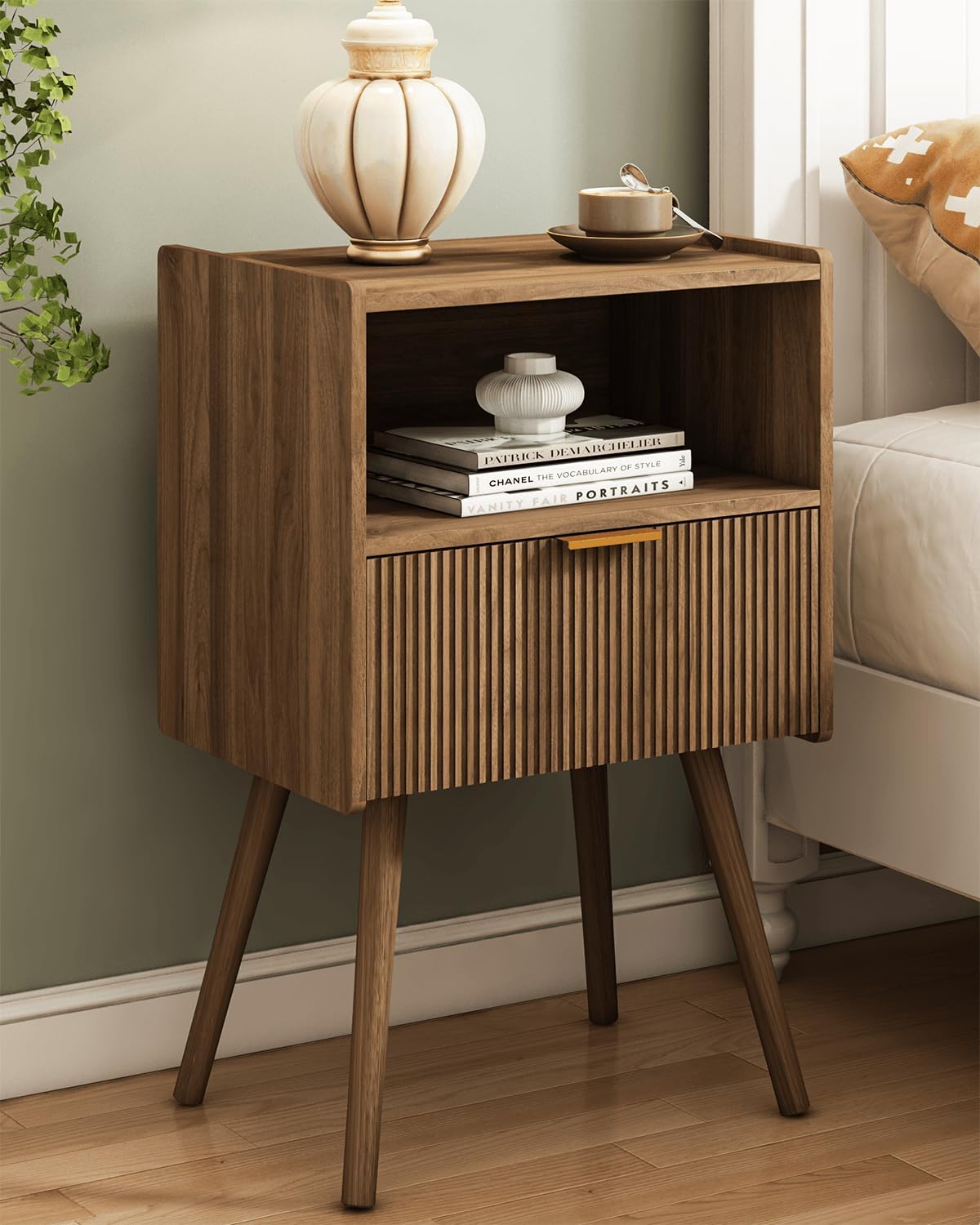 JOONEE Nightstand,Modern Bedside Table with Storage Drawer and Open Wood Shelf, for Living Room, Bedroom and Small Spaces, Accent Night Stand with Solid Wood Legs, Easy Assembly, (Walnut Brown)