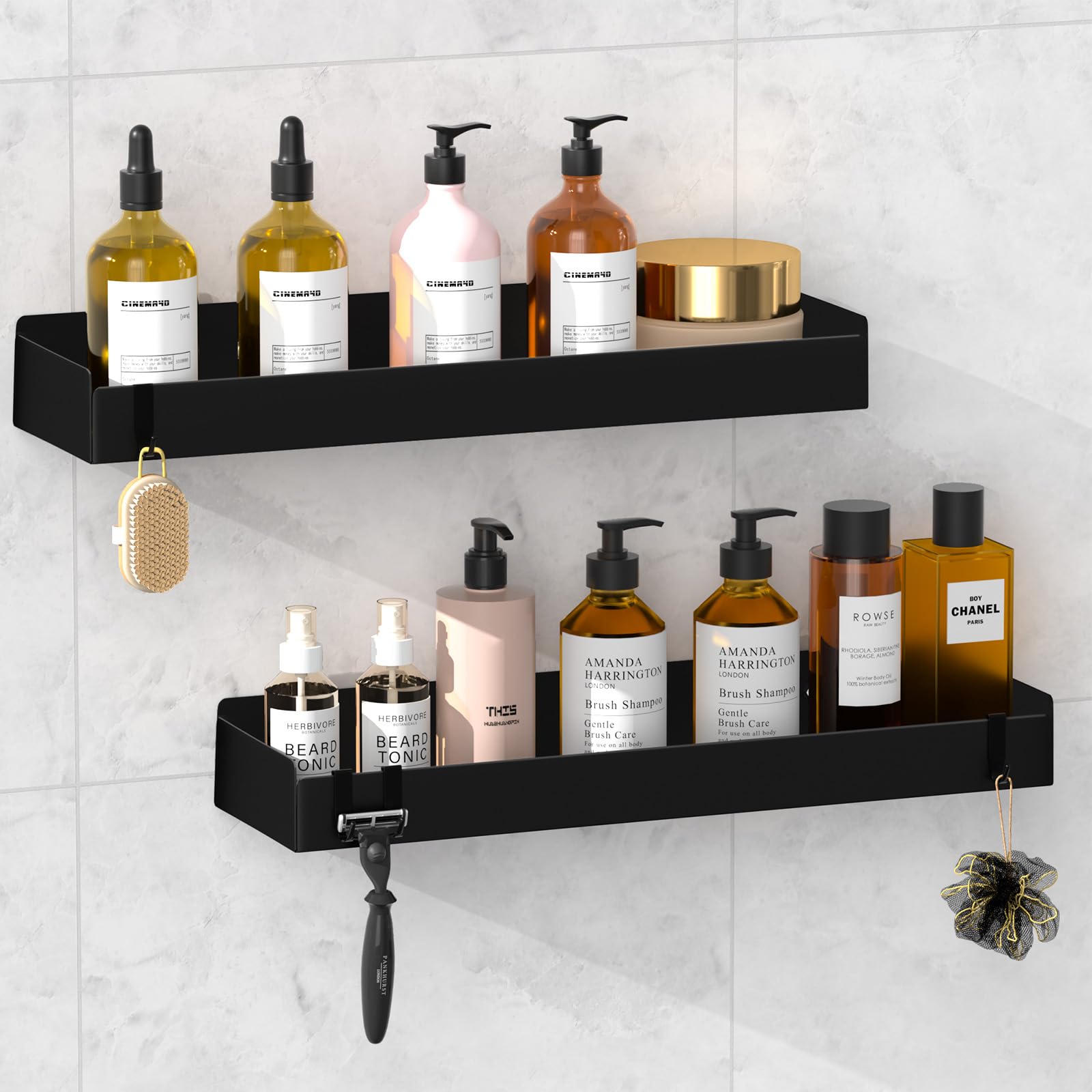 Wisfame Estanteria Ducha, Negro Estanteria Baño sin Taladro, 40cm Organizador De Ducha Grande, Cesta Ducha de Champú de Pared (2 Piezas)