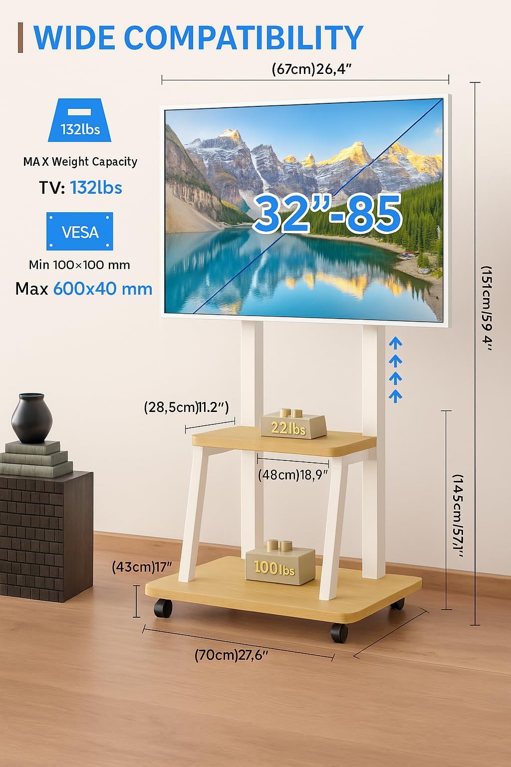 Supporto TV mobile per TV da 32-80 pollici, carrello TV mobile con presa di corrente, supporto TV da esterno con ruote, supporto portatile per TV LCD OLED 4K piatto/curvo max VESA 600x400 mm