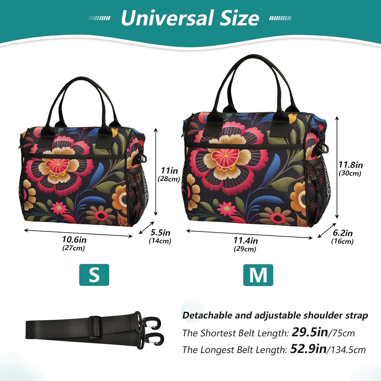 Insulated Lunch Bag with Multiple Compartments, Mexican Floral Pattern Print Insulated Reusable Leak-proof Lunch Box Cooler Bag with Detachable Shoulder Strap Thermal Aluminum Lining
