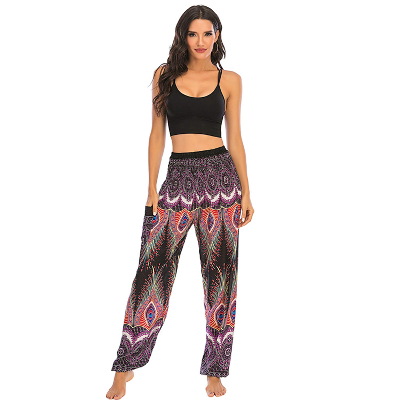 Sarouel Femme Pantalon Hippie Élastique Pantalon Jogger Poche Baggy Taille Haute Gym Sport Lounge Pantalon pour Yoga Summer Plage 002-Taille Unique
