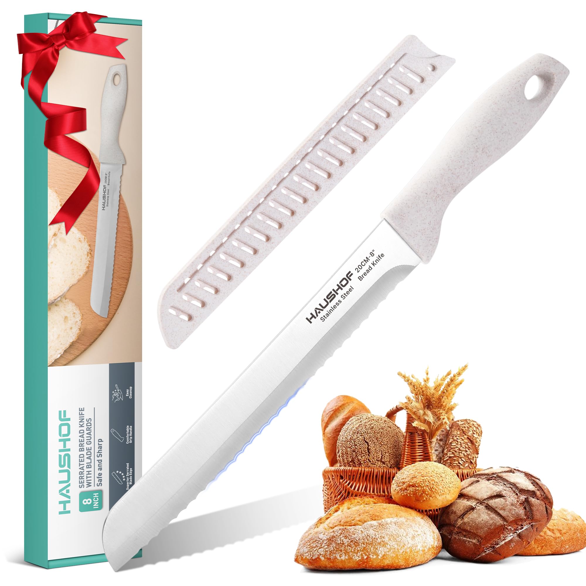 HAUSHOF Bread Knife for Homemade Bread 20 cm, Serrated Kitchen Knife, Ergonomic Handle Bread Cutting Knife for Slicing Bread, Bagels, Cake