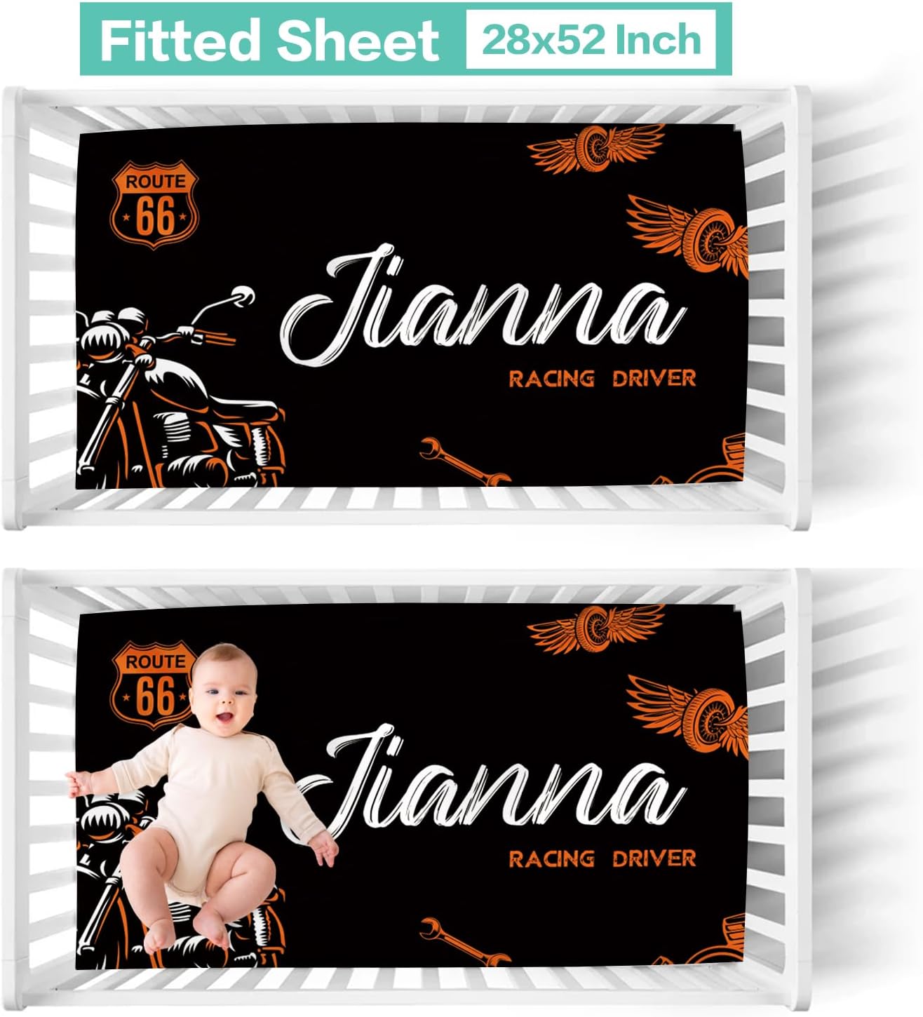Custom Baby Crib Bedding Set 3 Piece - Personalized Name with Vehicles Design - Soft Chic Blanket, Crib Sheet, Pillowcase for Newborns Boys Girls Nursery Gifts Color12-Motorcycle