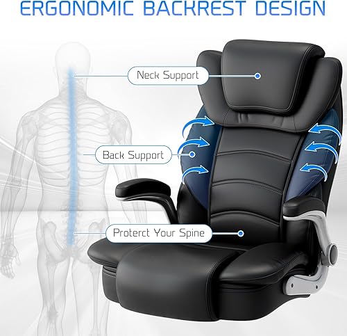 Miniatura 4 de GYI Silla de oficina grande y alta, asiento ancho de 400 libras, silla ergonómica de cuero con respaldo alto y brazos abatibles, color negro