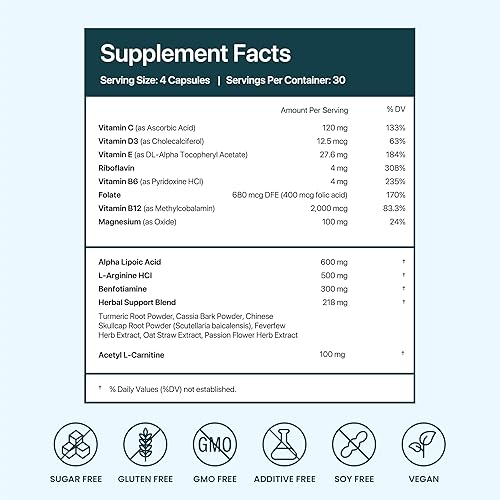 Miniatura 5 de Suplemento de apoyo nervioso Apoya la sensación saludable Ácido alfa lipoico 600 mg, metilcobalamina y L-carnitina 18 nutrientes 120 cápsulas