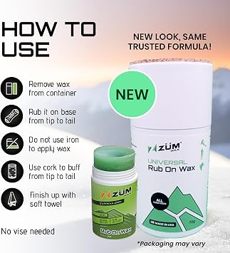 ZUMWax Rub-On Ski/Snowboard/Nordic/Cross-Country Wax 70g, UNIVERSAL, Easy cork applicator, long-lasting performance, secret vanilla scent, Made in USA, PFAS-free Great for quick waxing on the go