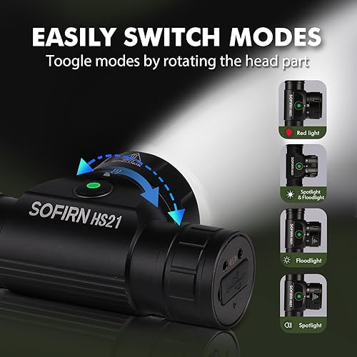 Miniatura 5 de Sofirn HS21 - Linterna frontal con luz roja, 2200 lúmenes, lámpara LED brillante USB C recargable con foco, reflector, potente faro impermeable para