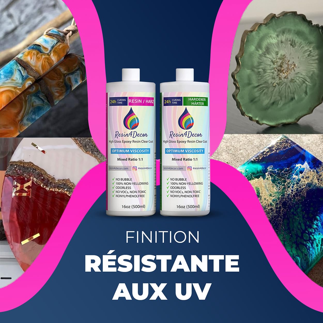Resine Epoxy Ultra Transparente RESIN4DECOR 1:1 - Parfaite pour l’artisanat et l'art Fabrication de bijoux et de moules - Non jaunissant et non toxique - Durcissement en 12-24h - Inodore - 1000ml