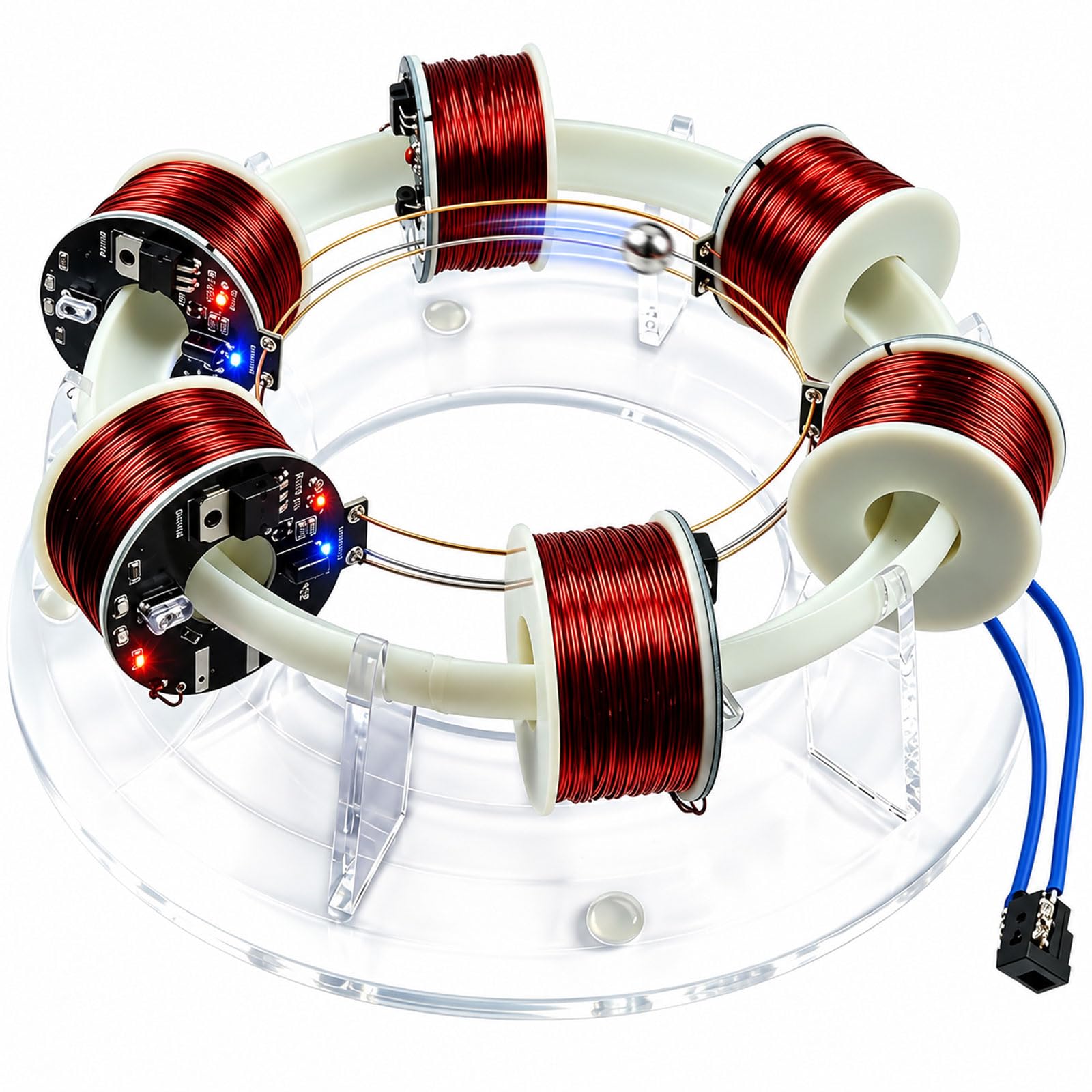 Acceleratore Elettromagnetico A 6 Bobine, Modello Dimostrativo Di Fisica Con Controllo Indipendente, Pista Circolare In Acciaio Inox E Base In Acrilico Per Esperimenti Stem