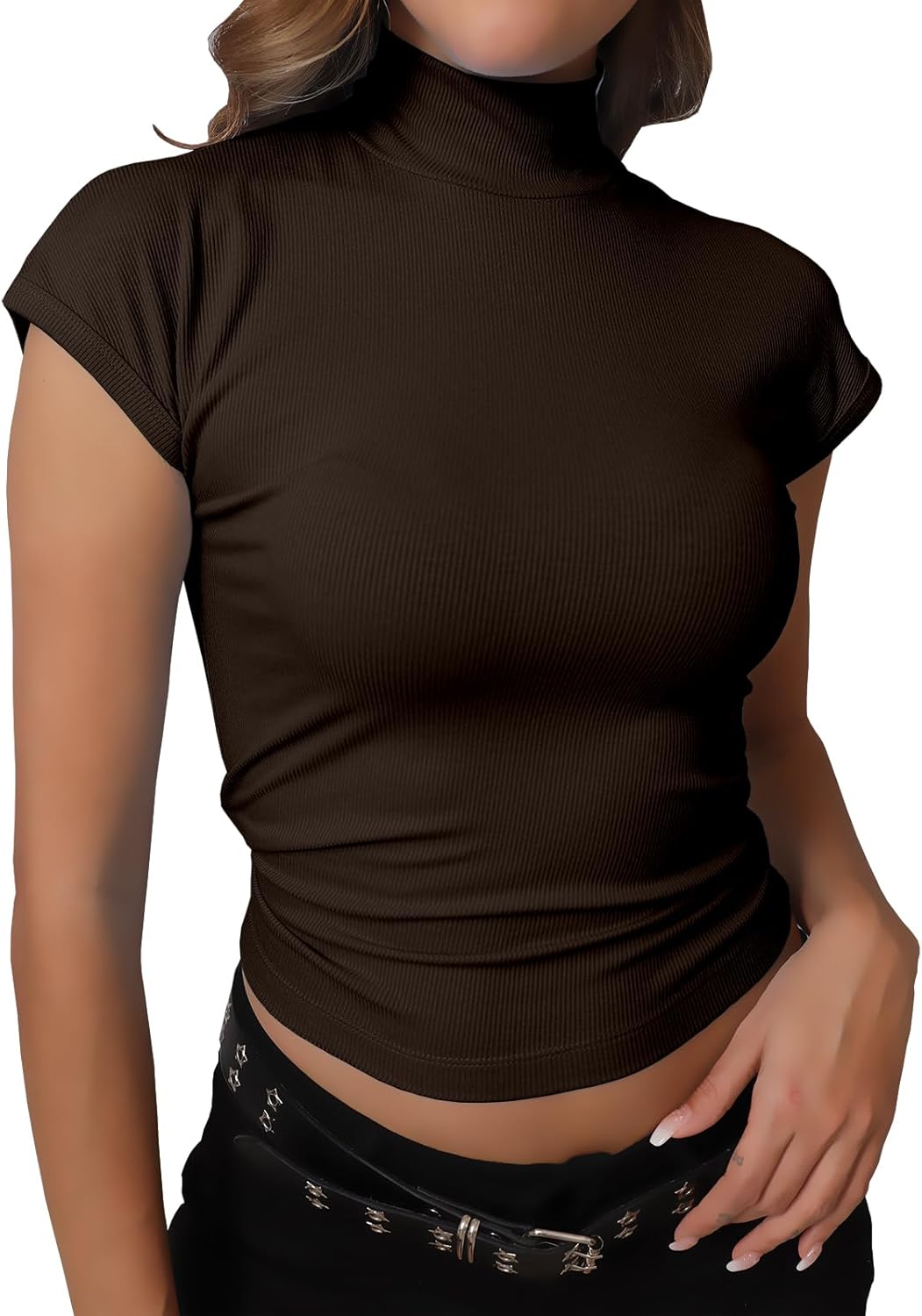 Dwnval Womens Fashion Mock Turtle Neck Cap Sleeve Shirts Slim Fit Ribbed Knited Tops 2025 Summer