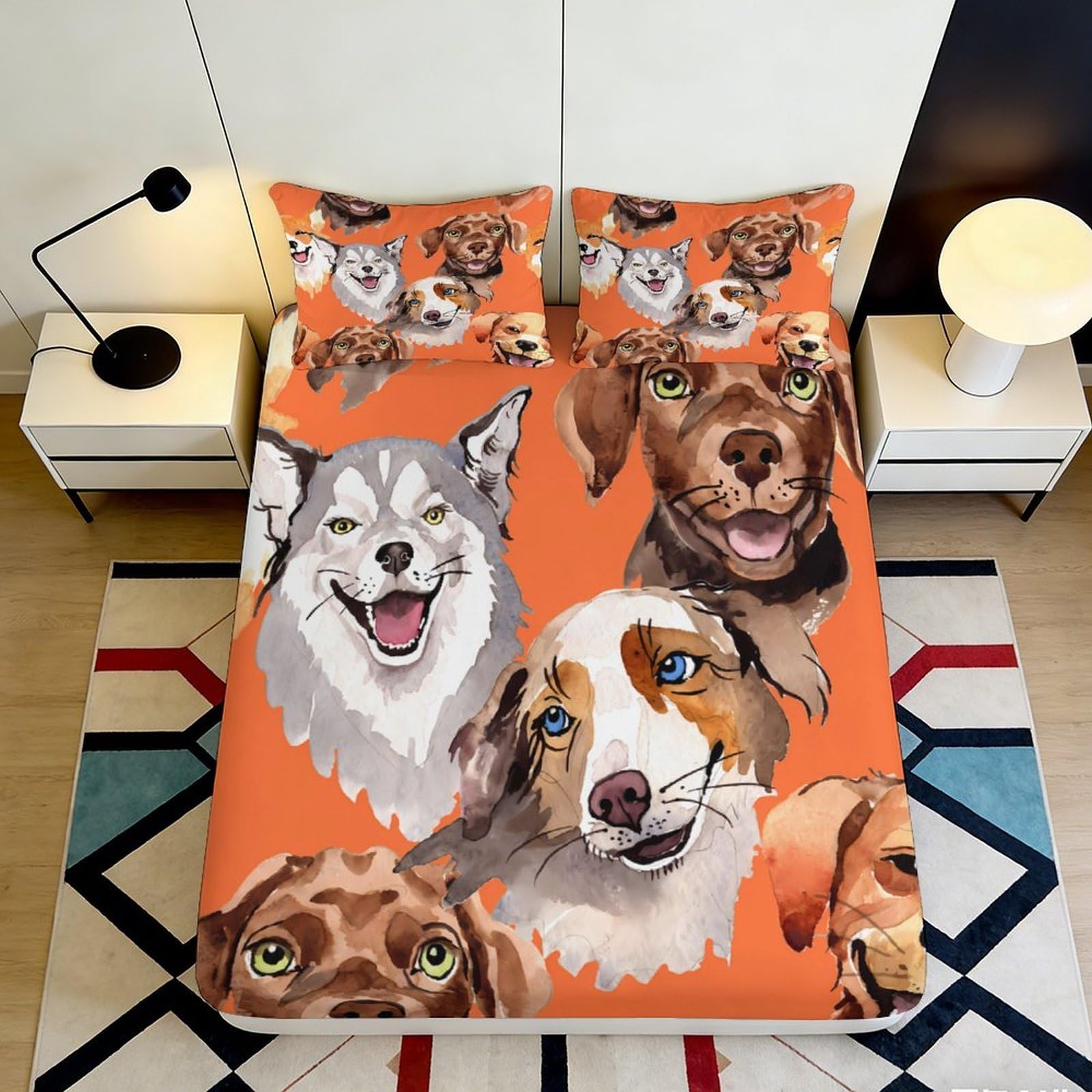 3D Printed Dog Portraits Fitted Sheet Microfiber Orange Animal Bed Sheet for Bedroom Dorm Mattress Decor Protection 90x200x25cm