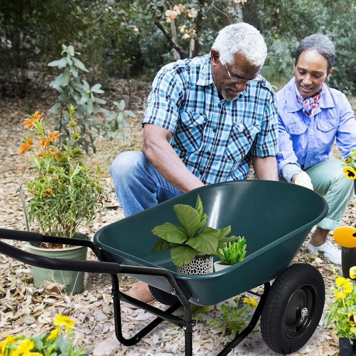 2-Wheeled Garden Wheelbarrow, Heavy Duty Garden Cart, Easy Loading and Dumping Utility Wagon for Outdoor Lawn Yard Farm Ranch, Green