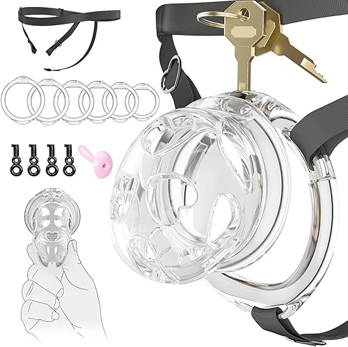 Miniatura 10 de Encantador cinturón de castidad rosa para hombres, dispositivos de castidad ligeros con cabeza de silicona suave de 6 anillos, accesorios de bondage