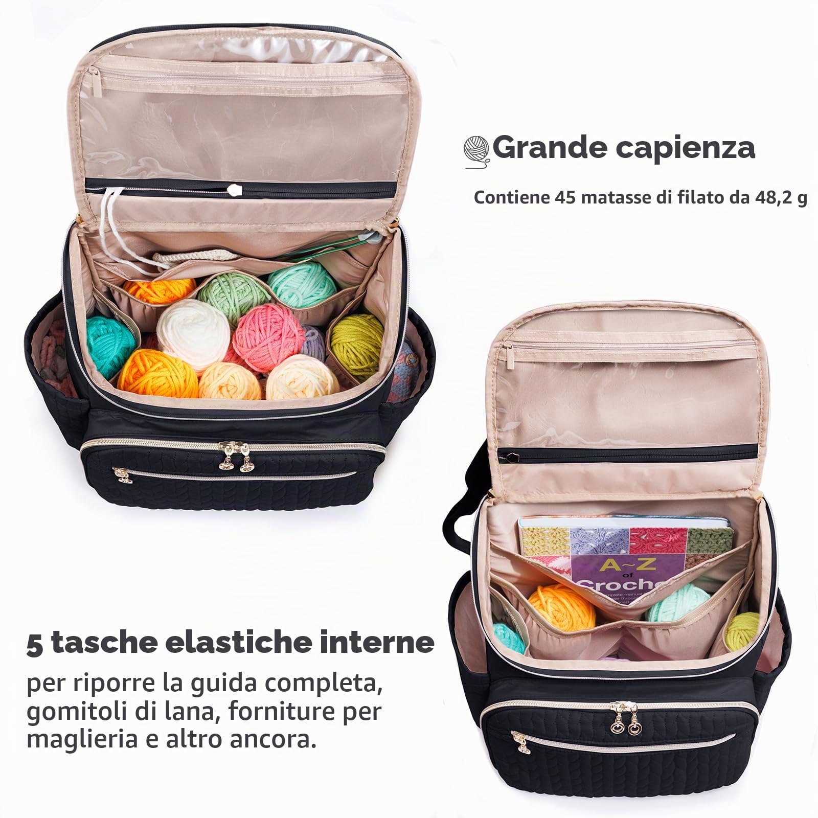 MYBAGZING Borsa a maglia, grande zaino all'uncinetto, organizer per uncinetto, organizer per filati, porta filati con 10 tasche per accessori all'uncinetto, per lavori a maglia e all'uncinetto, regalo