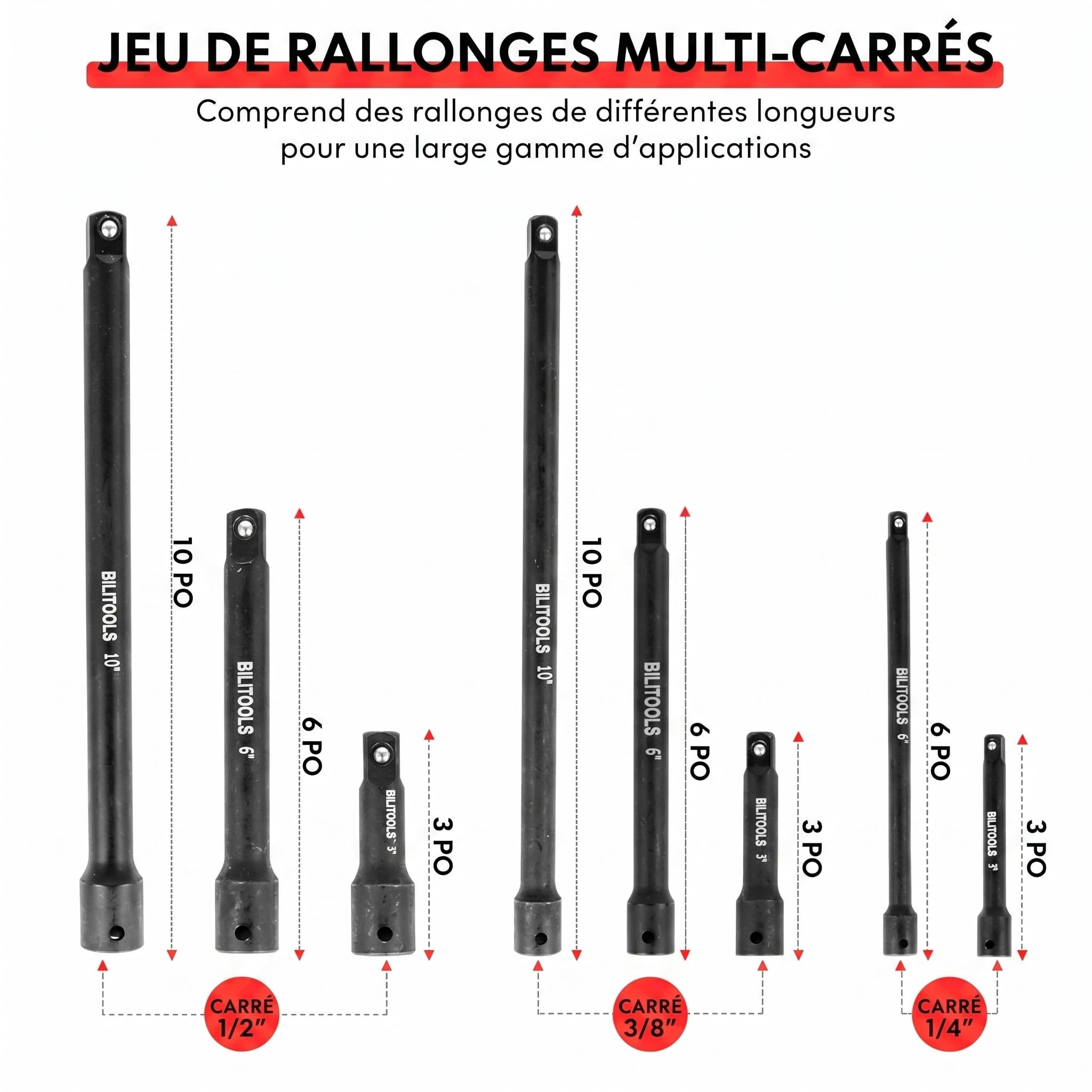 BILITOOLS Rallonge Cliquet 18 pièces 1/4", 3/8", 1/2" Jeu en acier Cr-V
