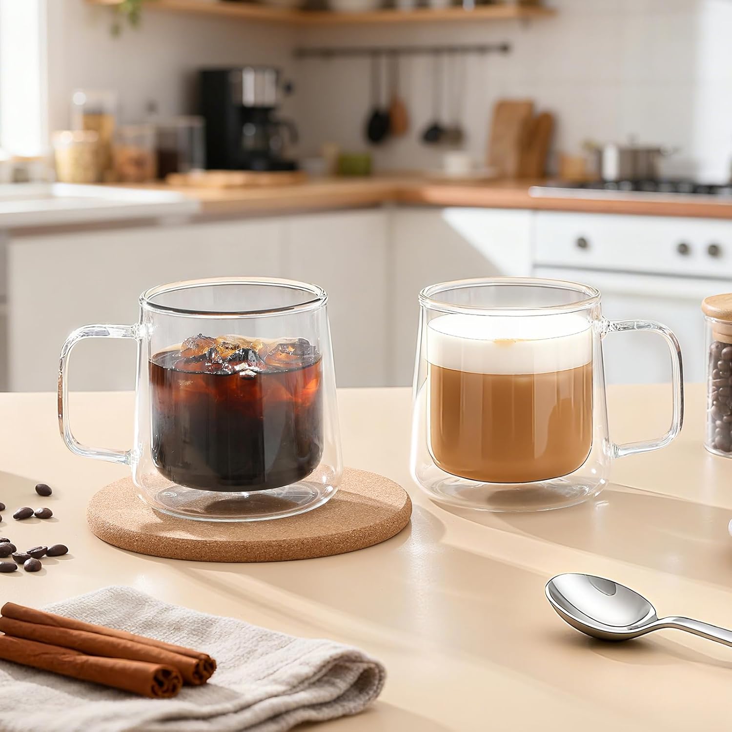 Aurzen 13oz Glass Coffee Mugs,Double Wall Insulated Glass Cups with Handle,Clear Espresso Mugs for Latte,Cappuccino,Tea Bag (2, 13oz) - Image 5