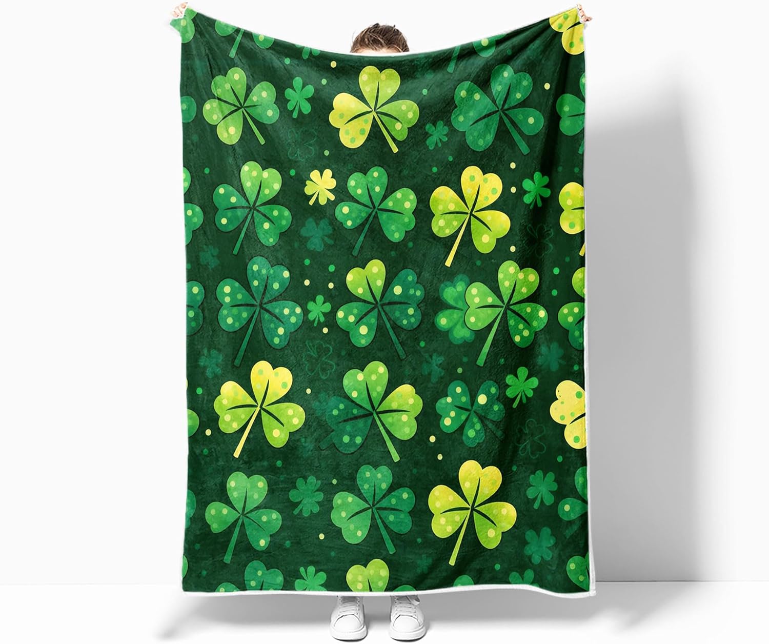 St. Patricks Day Throw Blanket Sherpa Flannel Fleece Blanket, St. Patrick's Day Green Shamrocks Clovers Pattern Bed Blanket, Irish Soft Cozy Blankets Warm Throw Blanket for Couch 50X60in - Image 4