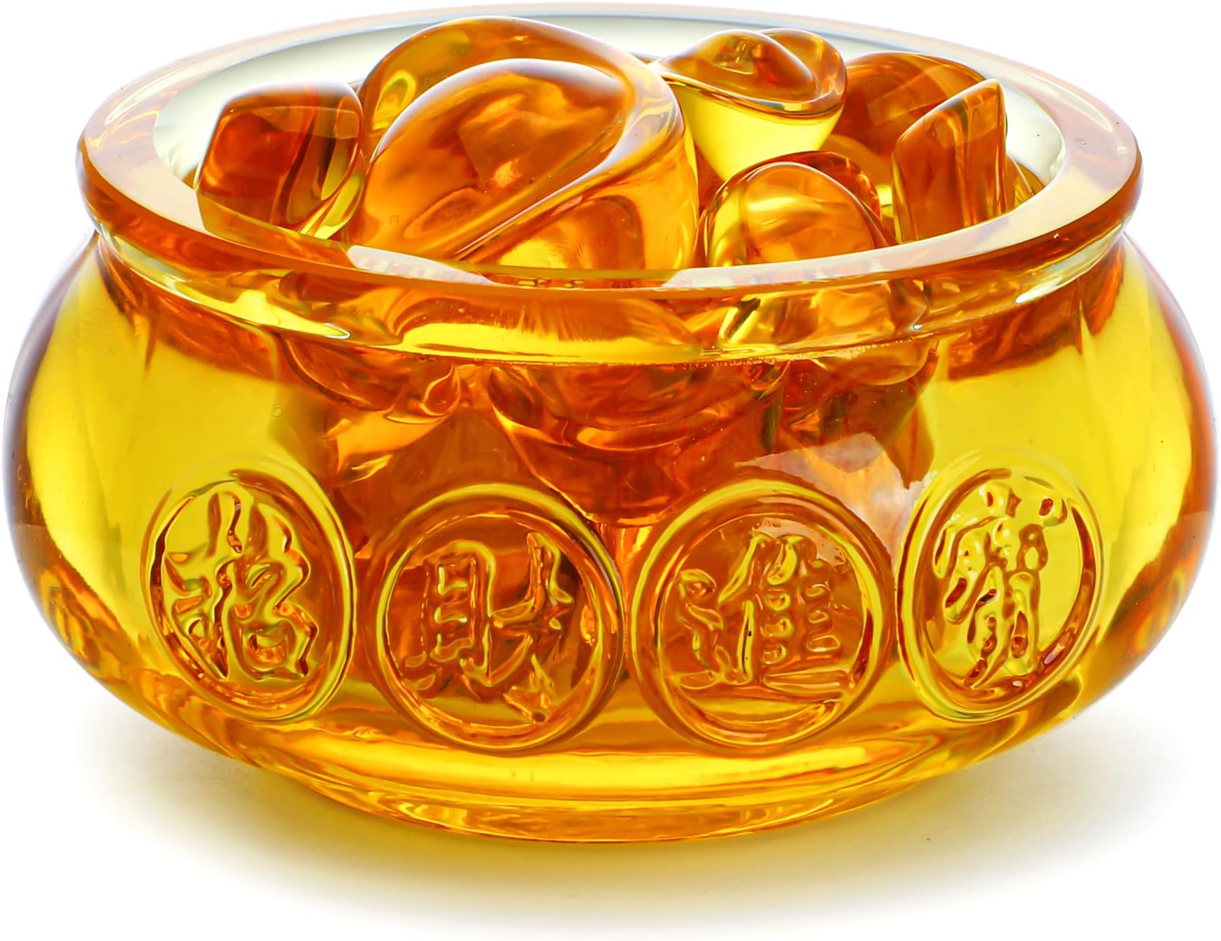 YU FENG 3'' Handmade Crystal Glass Golden Treasure Basin with 41pcs Ingot/Yuan Bao Good Luck Wealth Prosperity Figurine Collectibles Feng Shui Decor for Home Office
