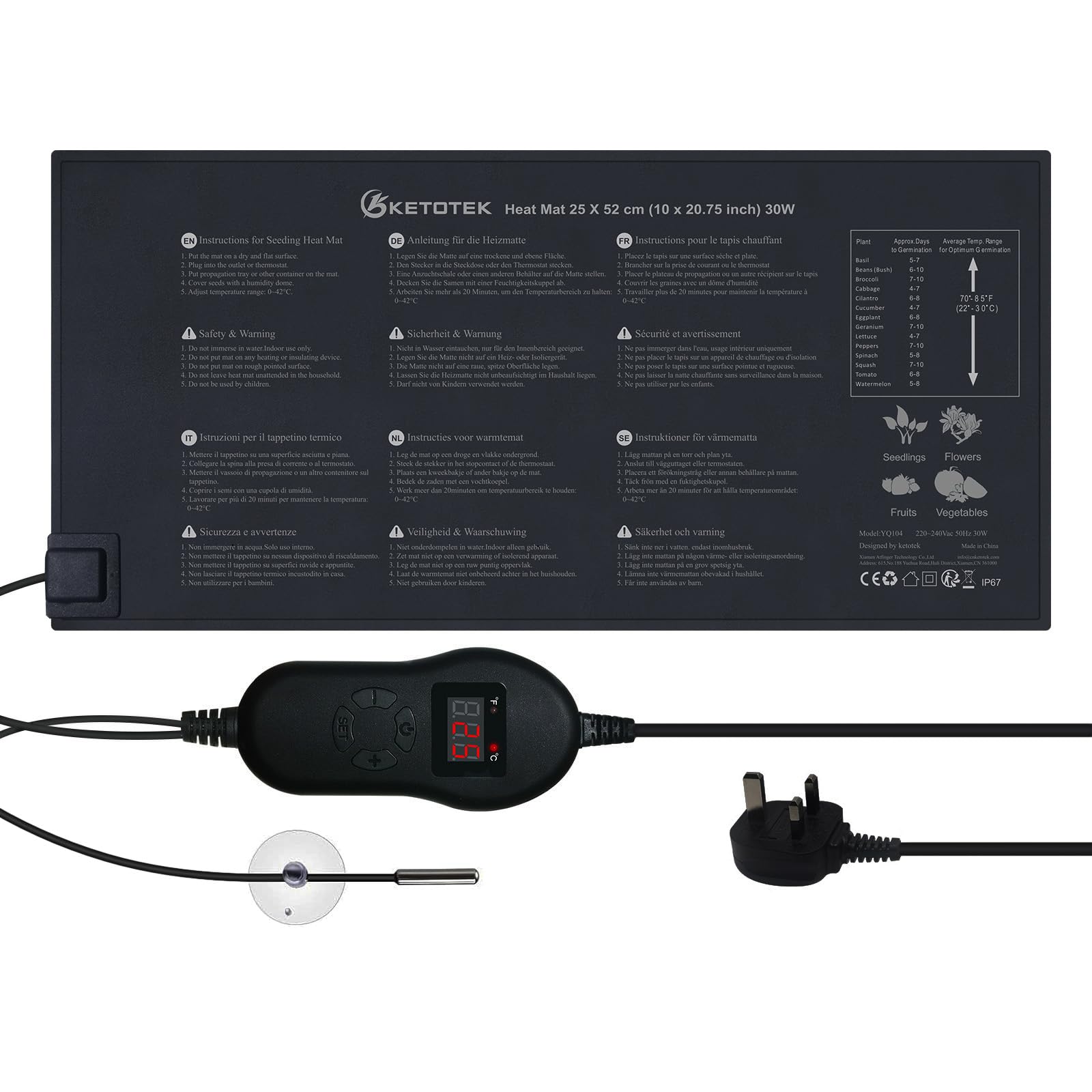 KETOTEK Seedling Heat Mat with Digital Thermostat Controller 220V 30W