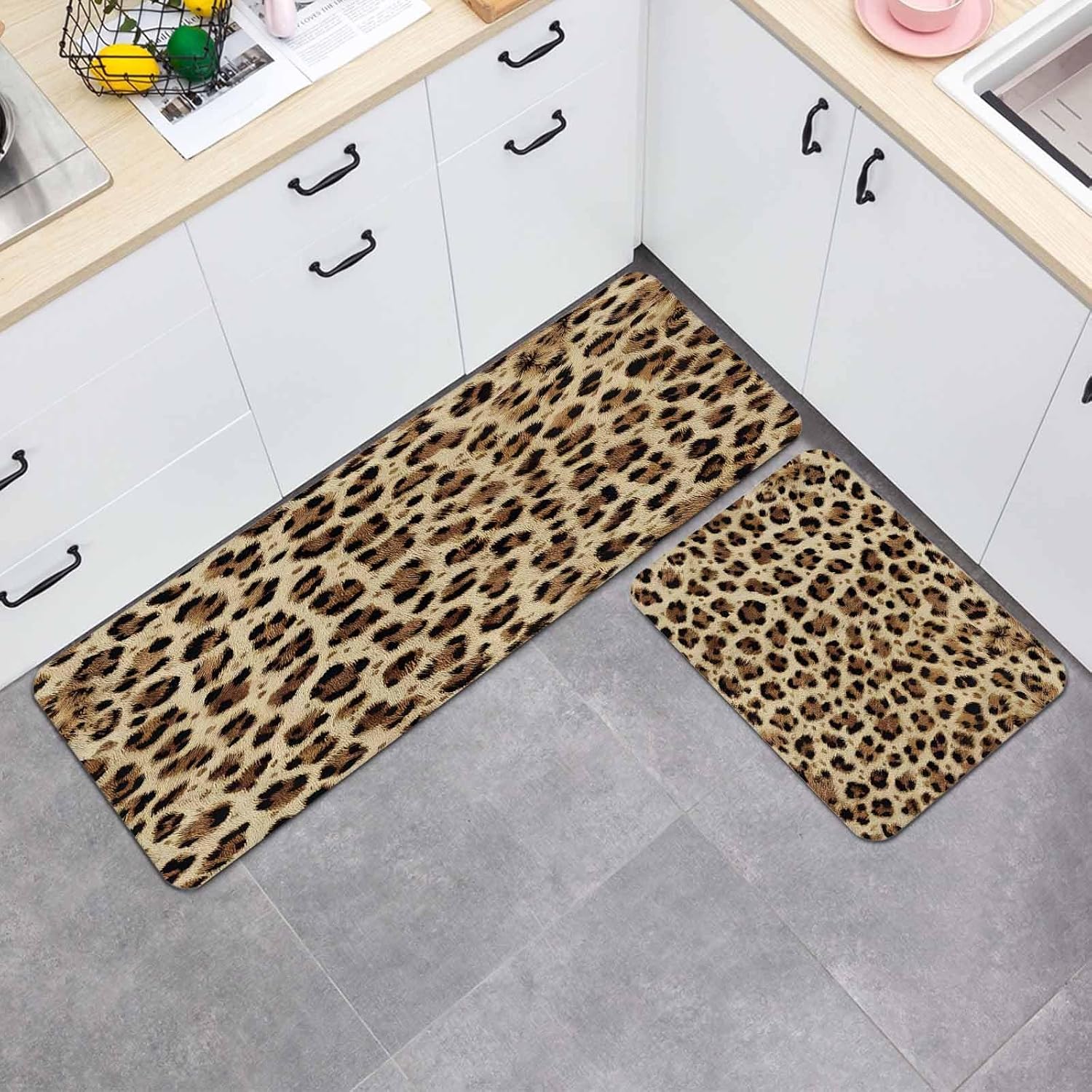 Prime Leader Leopard Wild Kitchen Mat Set 2 Pieces Brown Leopard Texture Non Slip Kitchen Rugs Washable Runner Rug Mats for Sink Laundry (19.7" x 31.5"+19.7" x 63")