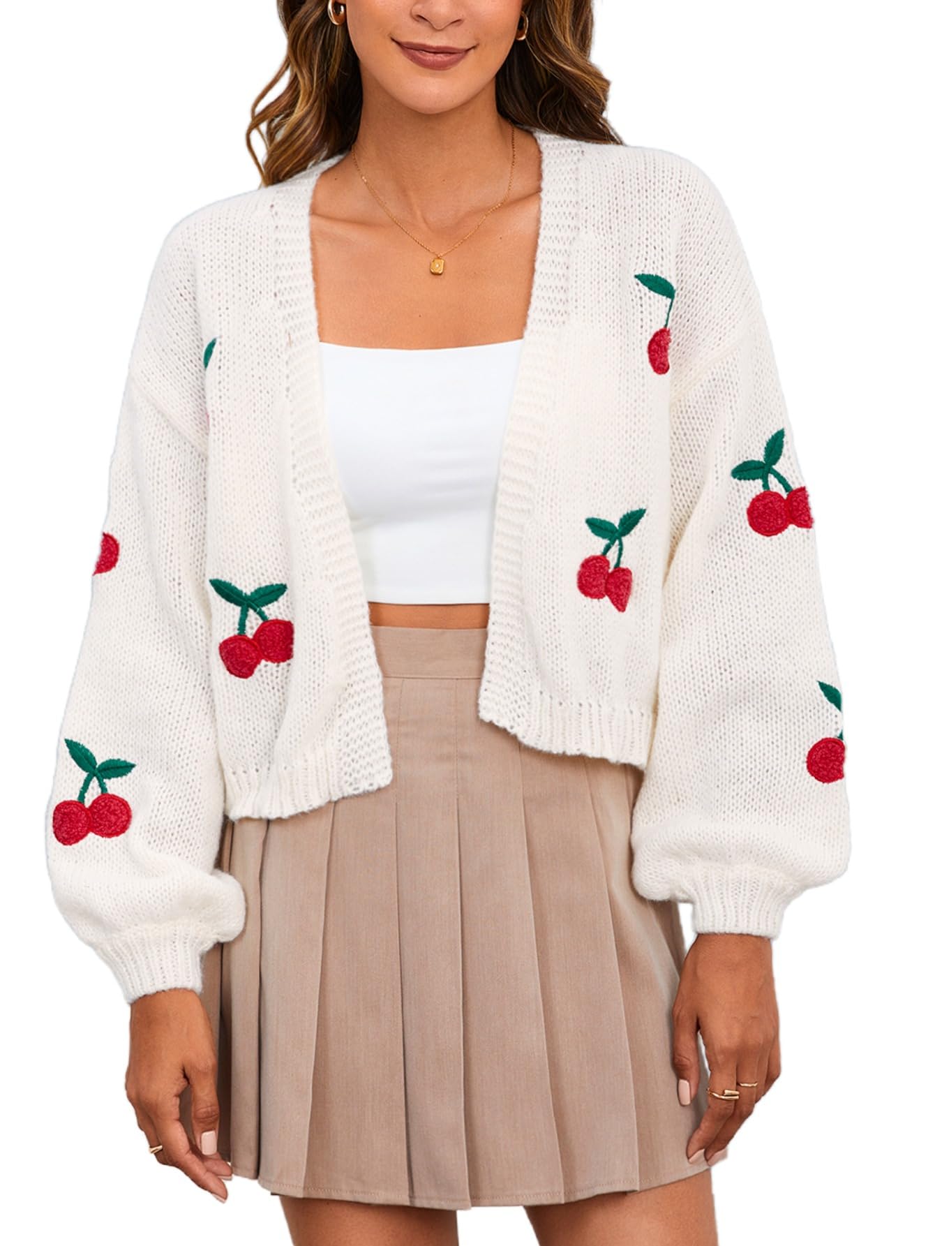 MakeMeChic Womens Fall Lightweight Cherry Cardigans Lantern Sleeve Y2K Open Front Cropped Cardigan Sweater