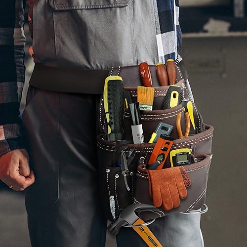 Miniatura 5 de Genuine Leather Tool Pouch Bag with 2'' Work Belt Included for Handyman, Construction, Carpenter, Farmers with 10 Pockets 2 Hammer Holders