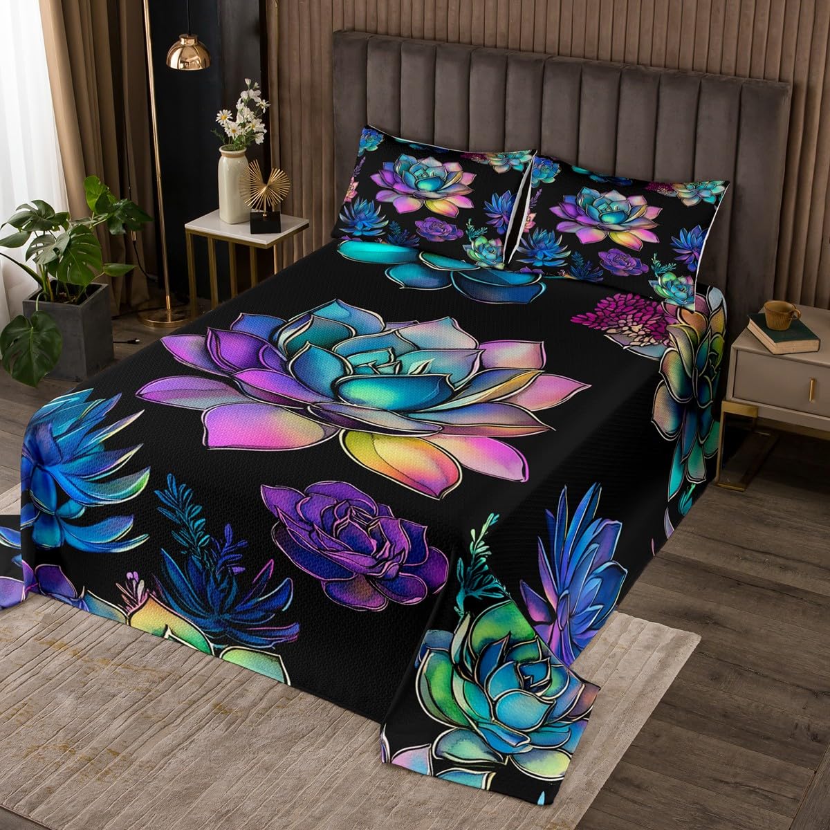 Erosebridal Succulents Bedding Set for Boys, Green Plant Quilted Set, Tropical Botanical Bedspread Set, Watercolor Painting Stylish Nature Theme Coverlet Set for Bedroom Decor, King Size