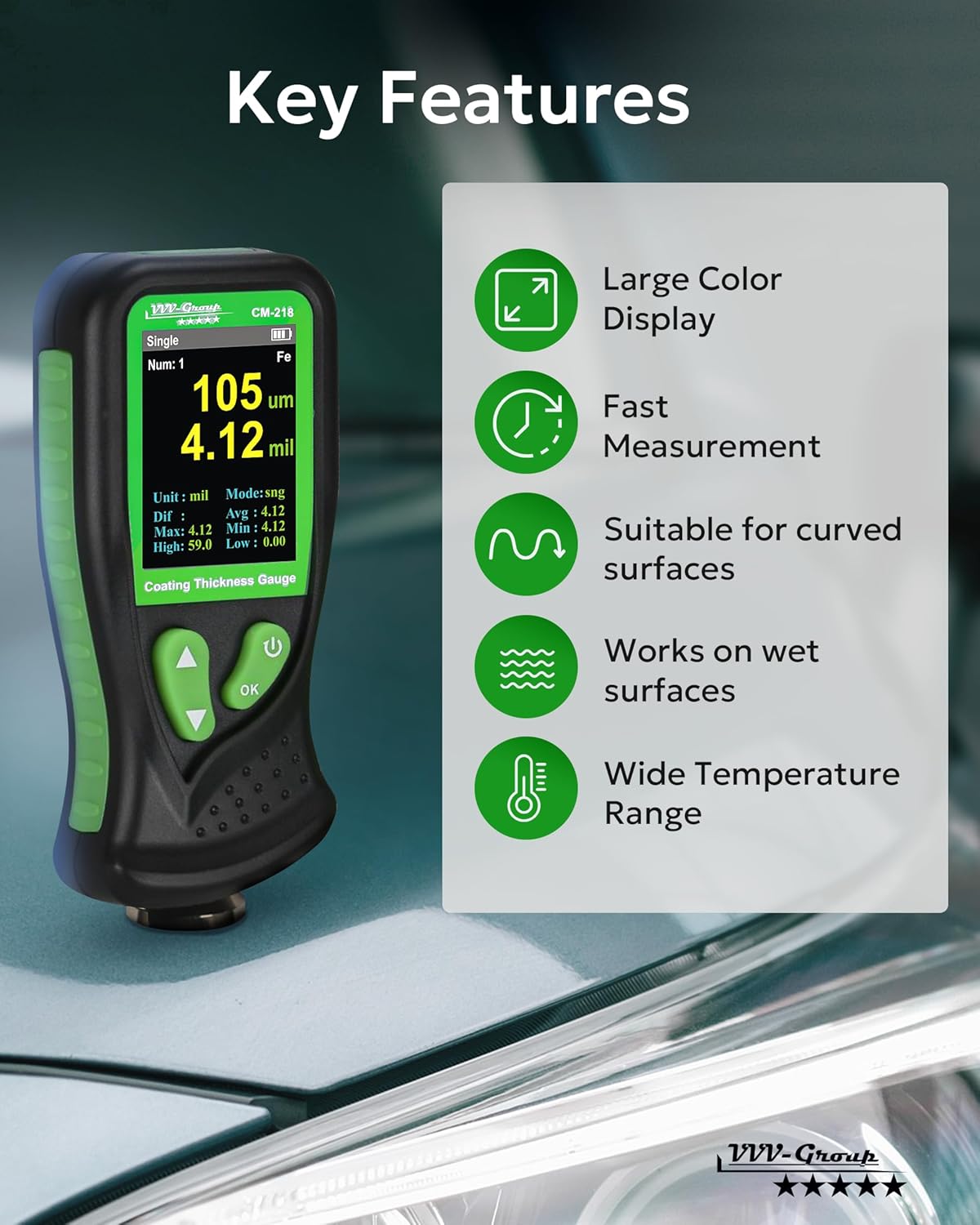 Digital Coating Thickness Gauge CM-218 Best Mil/Micron Paint Depth Meter for Car and Industrial (Resolution 0.01mils) (Fe/Al)