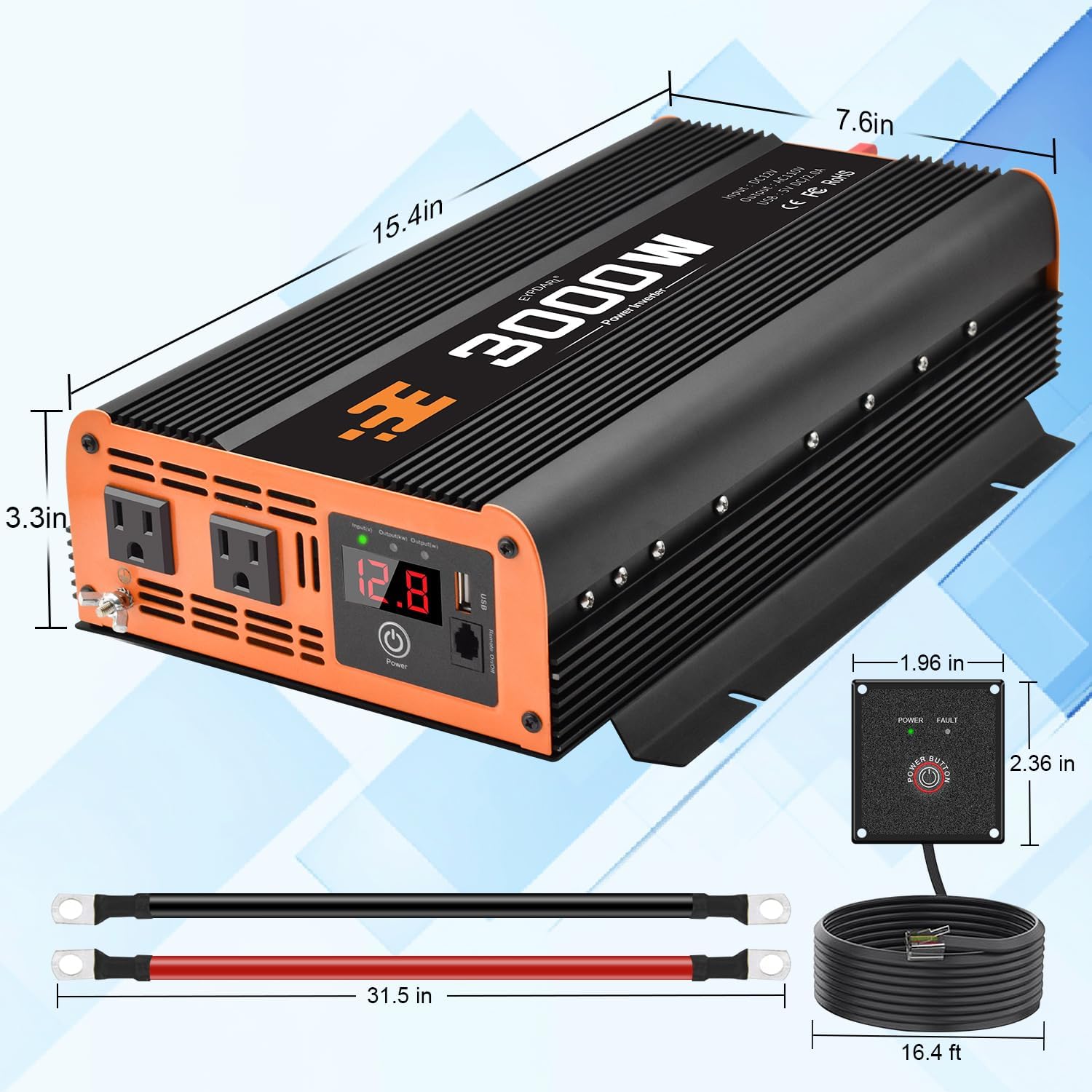 3000 watt car Power Inverter with Remote Controller, 12v dc to 110v ac Modified Wave Power inverters for Vehicles, Ideal for Home, Emergency, Camping, rv, Truck, and Travel Inverter 3000w