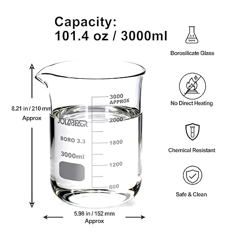Miniatura 2 de Vasos de precipitados de vidrio duraderos de 101.4 fl oz, vaso de precipitados de laboratorio 3L con graduaciones impresas, borosilicato 3.3, diseño