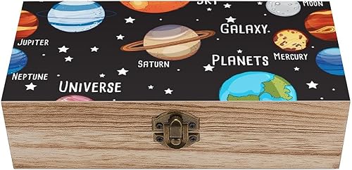 Caja de almacenamiento de madera decorativa con planeta del sistema solar, organizador de joyas, manualidades con tapas, decoración del hogar