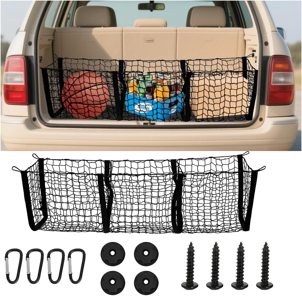 Mandark 3-Pocket Car Cargo Net with Metal Hooks and Screws