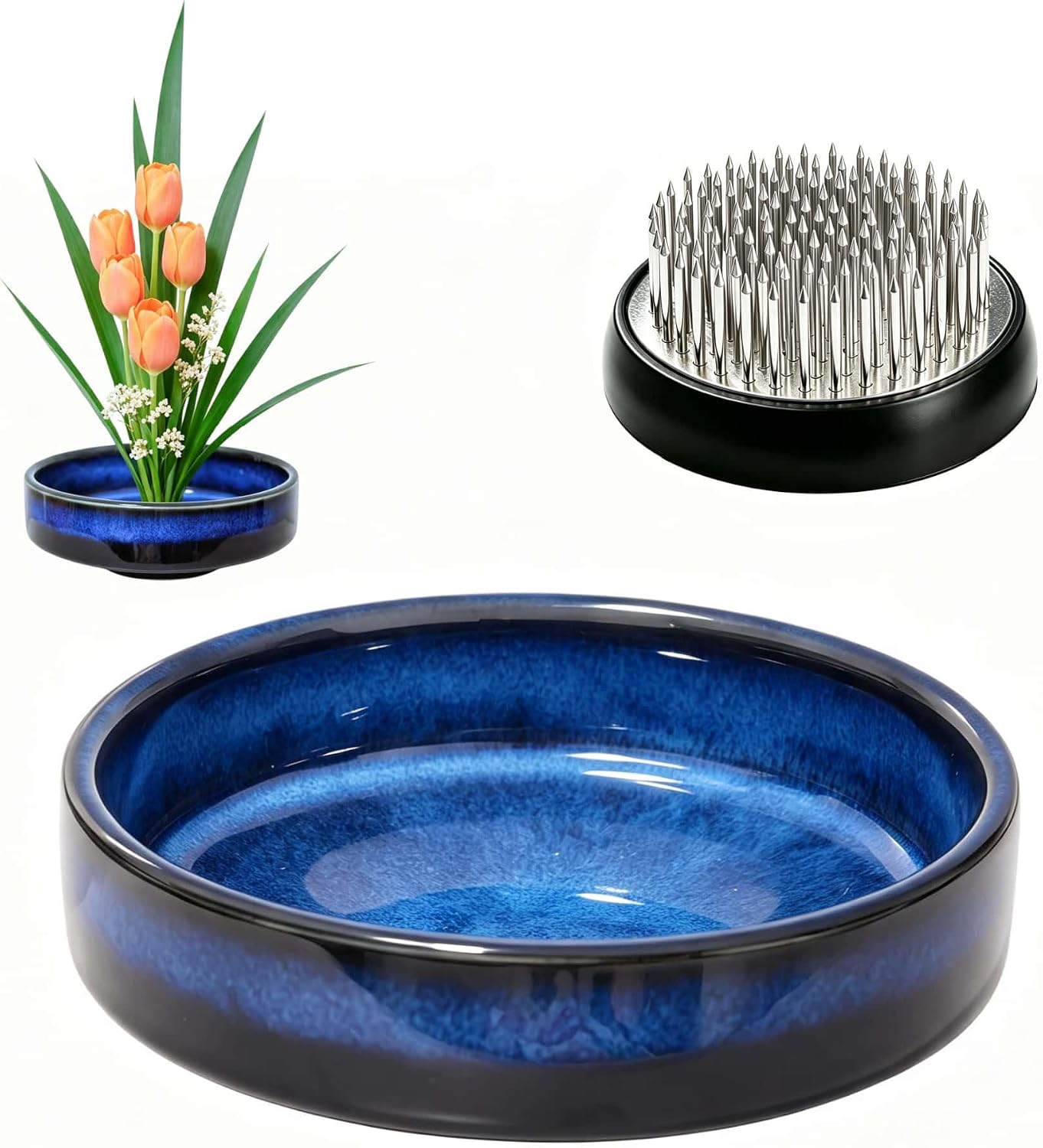 Ceramic Ikebana Vase Kit Flower Frog Kenzan Flower Shallow Bowl Set