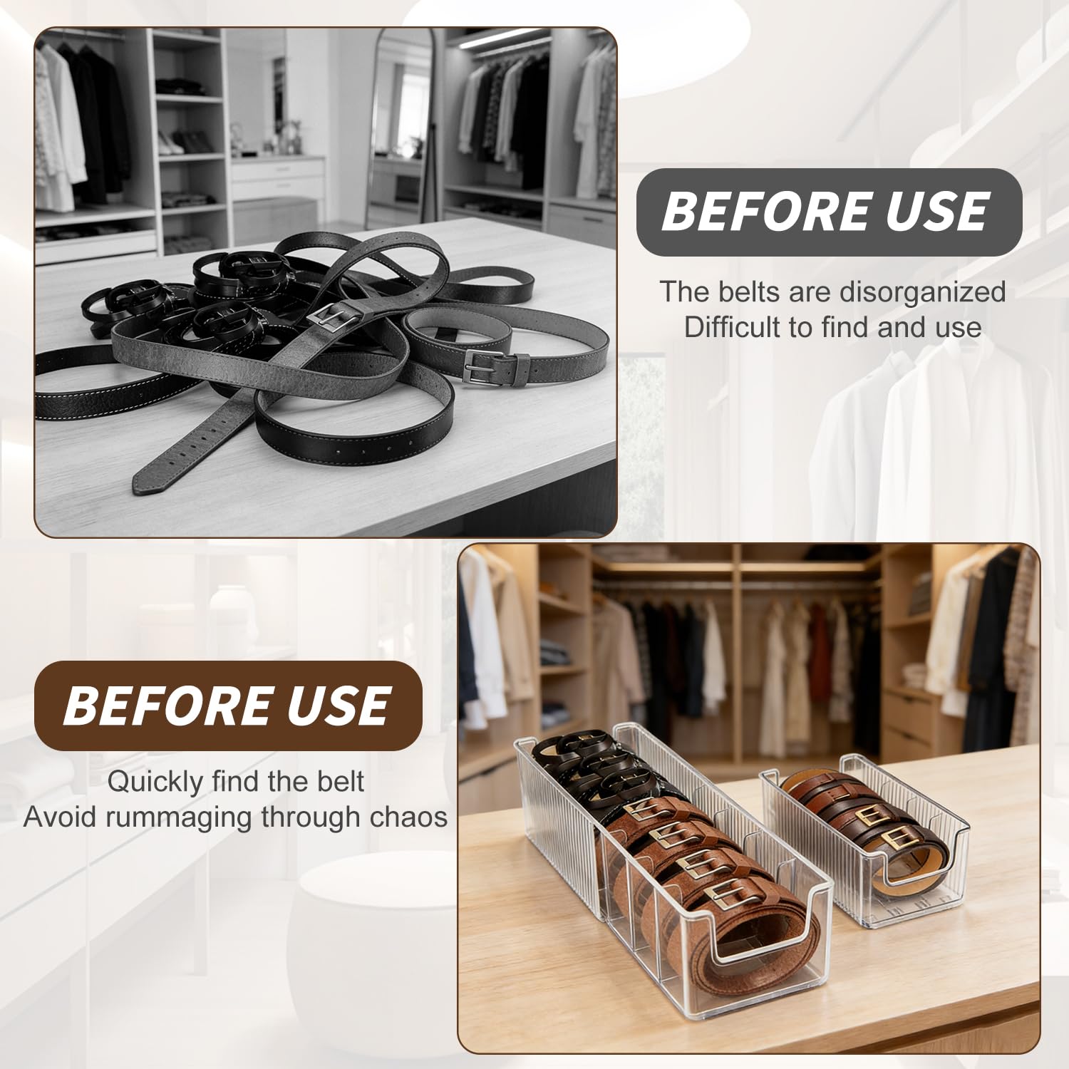 Organizer Cinture, Estensibile Porta Cinture da Armadio e Cassetto con 7 Scomparti, Scatola Organizzatore per Cintura Orologi e Accessori, Divisoria Rimovibile, in Acrilico Trasparente