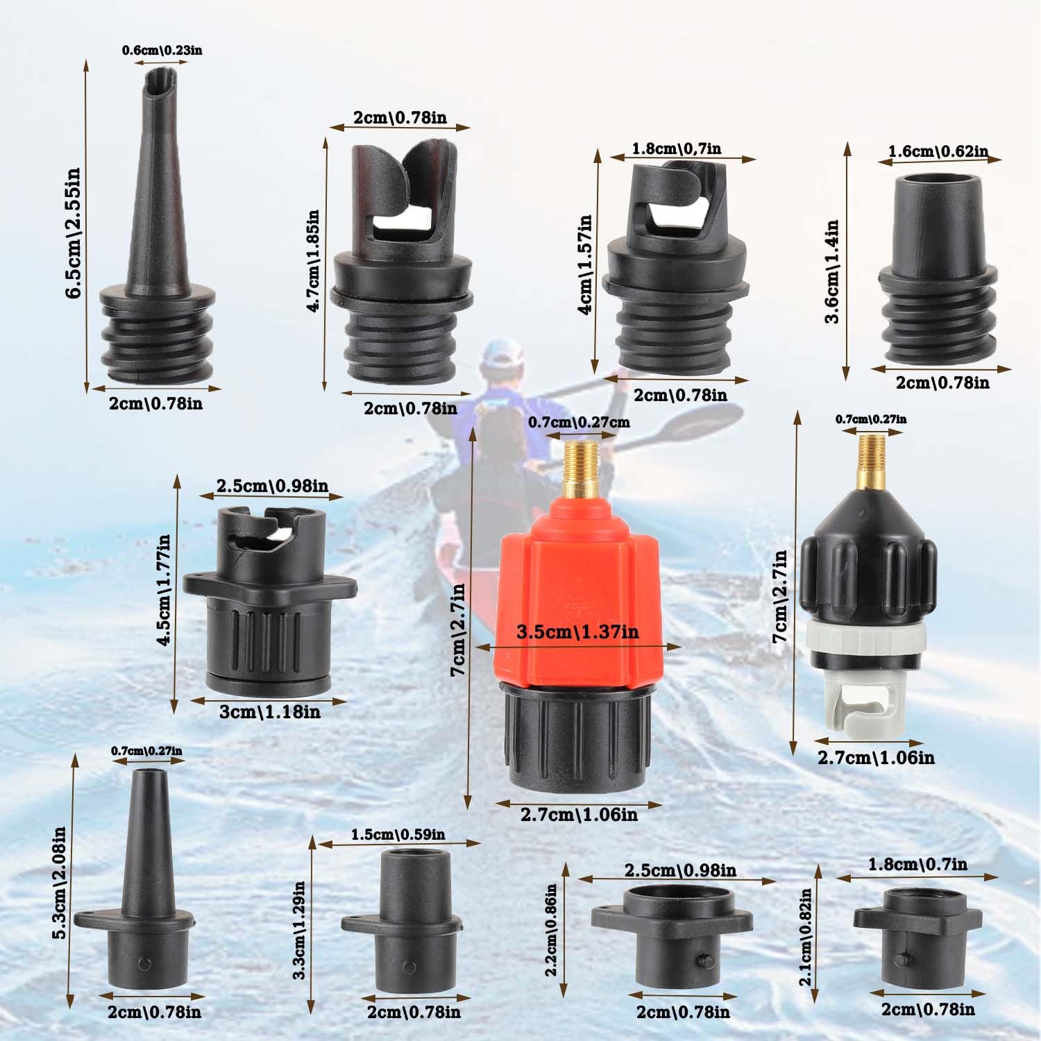 Adaptateur de Pompe Sup Gonflable, Adaptateur de Valve Sup avec 9 Buses, Adaptateur de Pompe air pour Planches pagaie, canoës, Bateaux gonflables, Kayaks, Lits gonflables, etc.