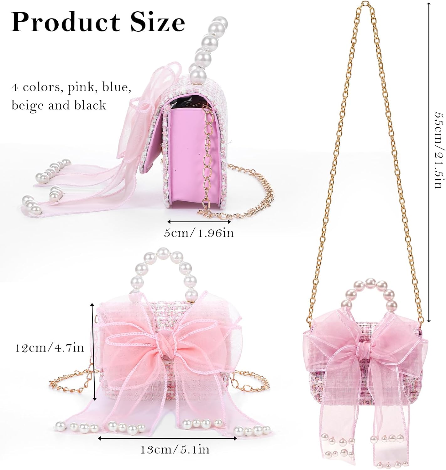 4 Pack Cute Purses for Little Girls, Mini Cute Handbags for Women, Elegant Princess Crossbody Bag with Bowknot, Detachable Gold Chain & Pearl Handle (Pink/Beige/Blue/Black, 5.1"×4.7"×1.96")