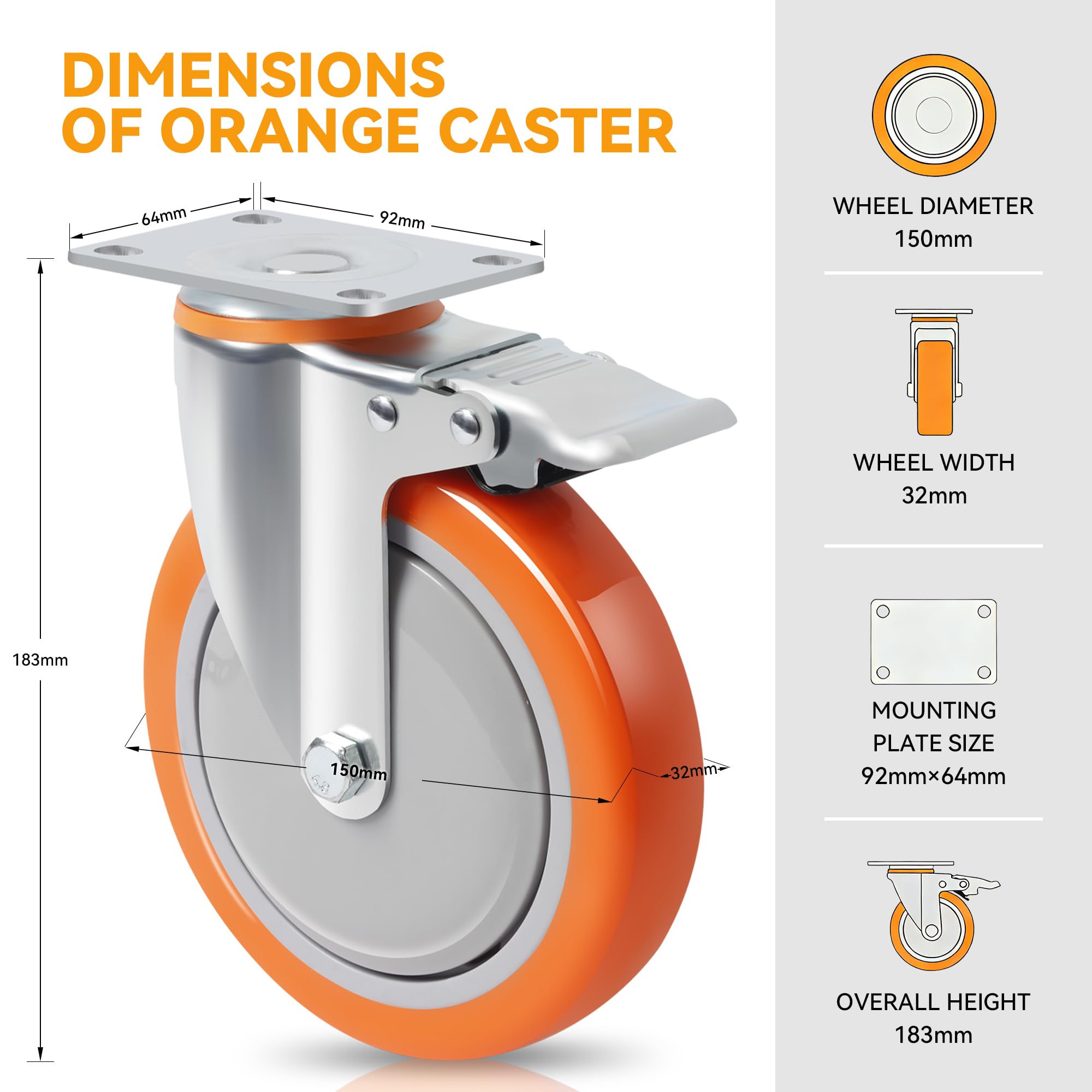 Ruote Girevoli 150mm con Freno, Portata fino a 1000kg, Set 4 Ruote Industriali in Poliuretano, Ruote Pivottanti con Blocco Totale e Piastra di Montaggio per Carrelli e Banco da Lavoro