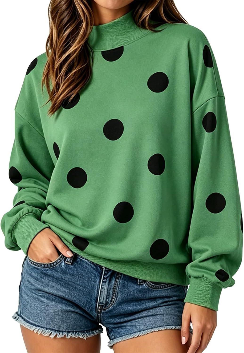 Women Mock Neck Polka Dot Sweatshirt,Long Sleeve Oversized Y2K Pullover | Soft plush fabric, dropped shoulder design, trendy retro styling for casual autumn outfits