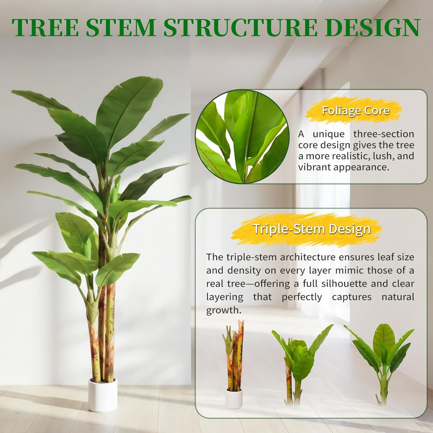 6FT Artificial Banana Tree Luxury Faux Banana Plant Fake Tree for Living Room Decor Extra Large Tropical Silk Tree Indoor Floor Plant Home Modern Office Greenery Big Tall Fake Plants Corner Decor