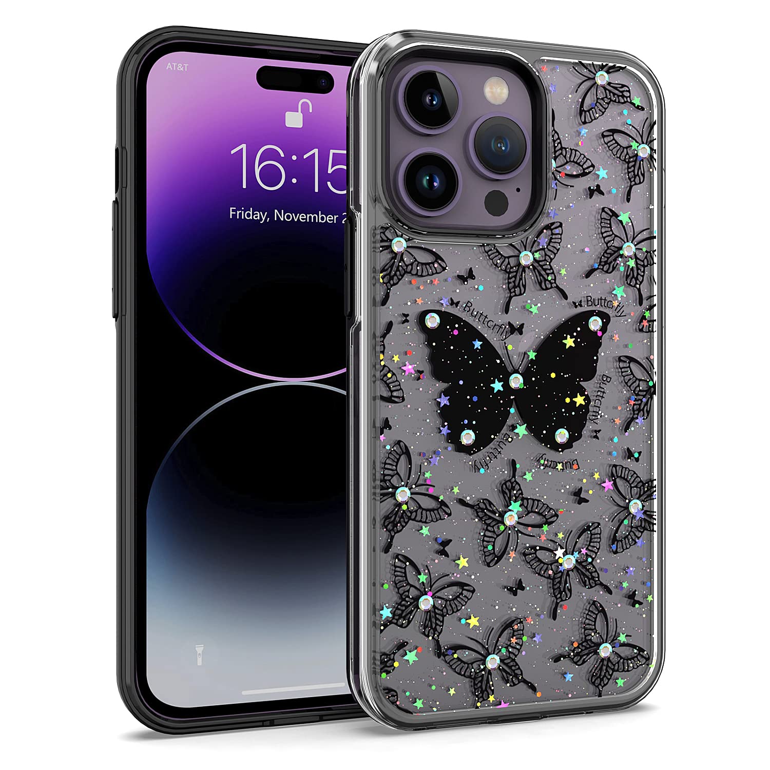 KACHEN for iPhone 14 Pro Max 6.7 Case, Black Frame 3D Rhinestone Butterfly Slim Fit Shimmer Sparkle Hybrid Shockproof Bumper Cell Phone Case for Women Girls