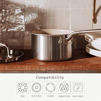 Made In Cookware - 4 QT Ceramic Non Stick Saucepan with Lid - 5-Ply Stainless Clad with Stay-Cool Handle - Professional Cookware - Crafted in Italy - Induction Compatible