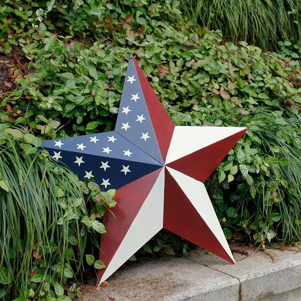 Patriotic Metal Barn Star Wall Decor, 16.5in Hanging Country Rustic Old Glory American Flag Metal Star July of 4th Memorial Day Hanging Sign