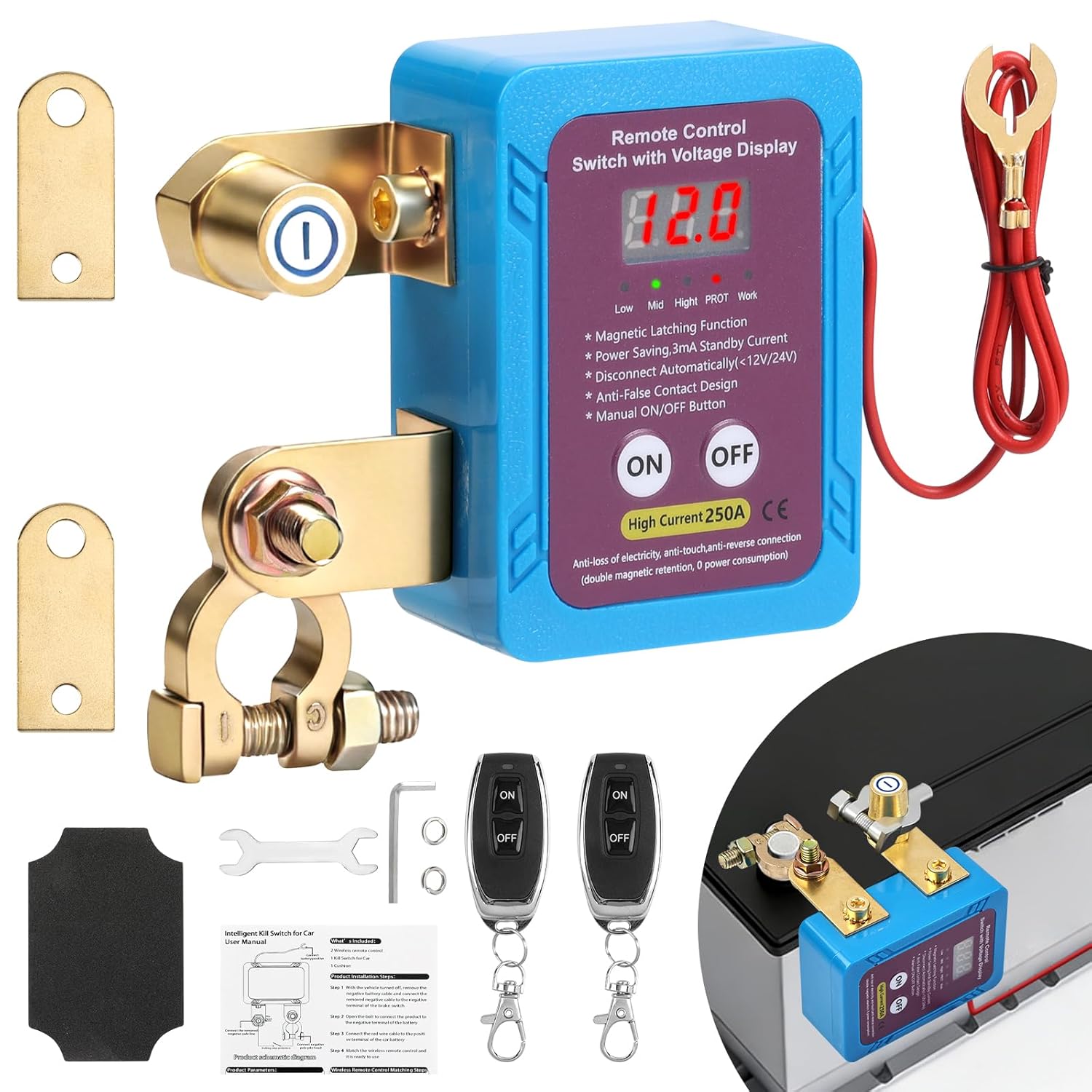 Remote Battery Disconnect Switch 12V 250A with Voltage Display and Remote Control,Battery Disconnect Switch with Anti-Theft Kill Switch for Car,Power Cut Off for Auto,Truck,RV,Marine Battery Safety