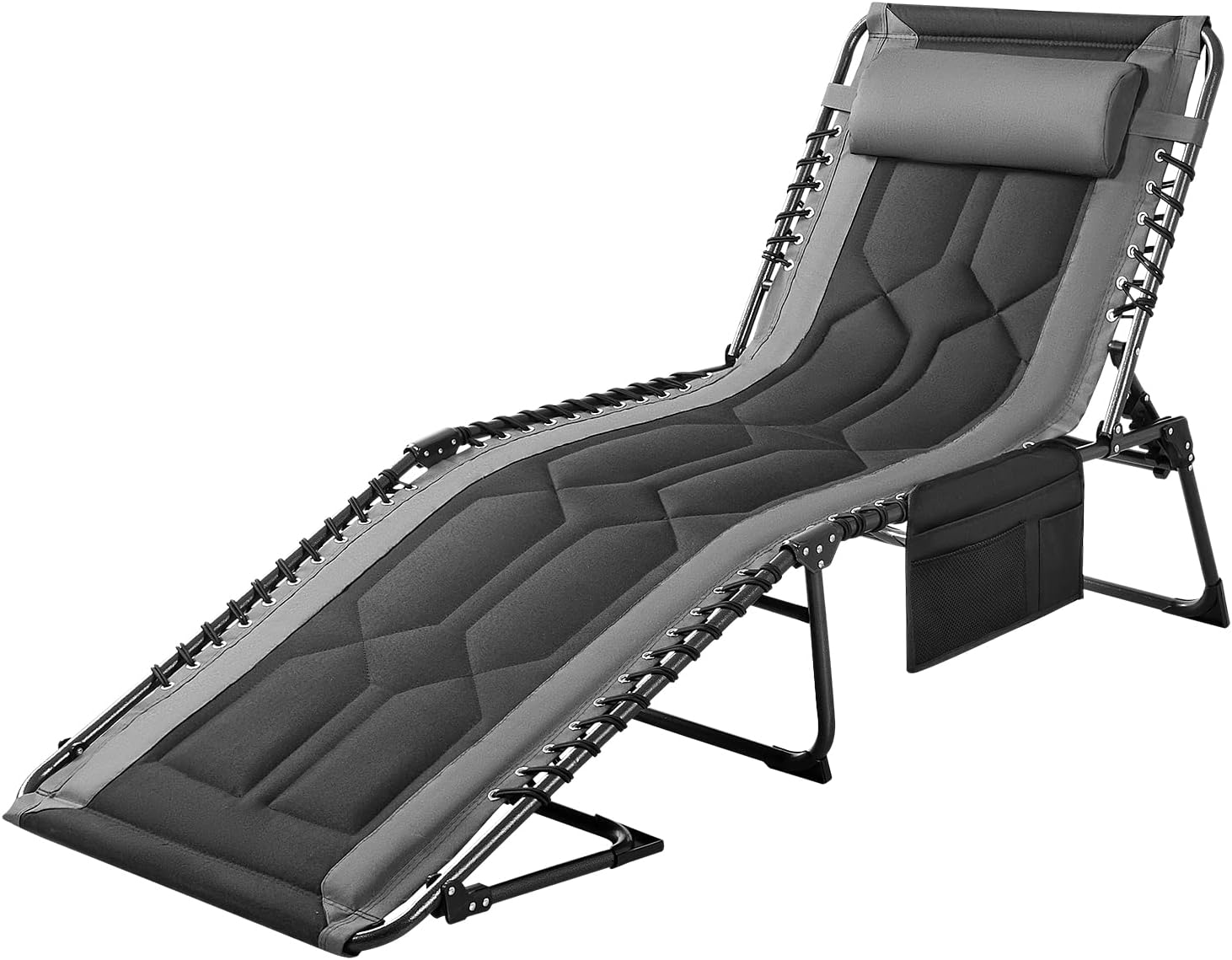 Flamaker Folding Chaise Lounge Outdoor Portable Lounge Chairs 4-Position Adjustable Camping Lounge Chair with Pillow & Side Bag Lightweight Recliner Sunbathing Chair for Pool Beach Deck (Grey)